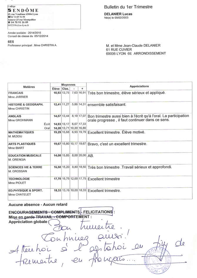 Bulletin de Lucas 1er trimestre 6ème5