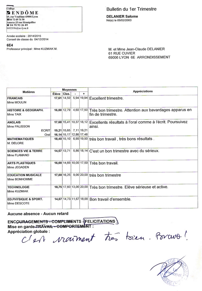 Bulletin de Salomé 1er trimestre 6ème4