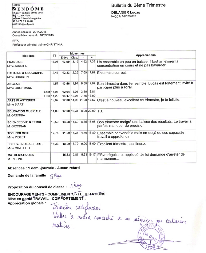 Le bulletin de Lucas 2T