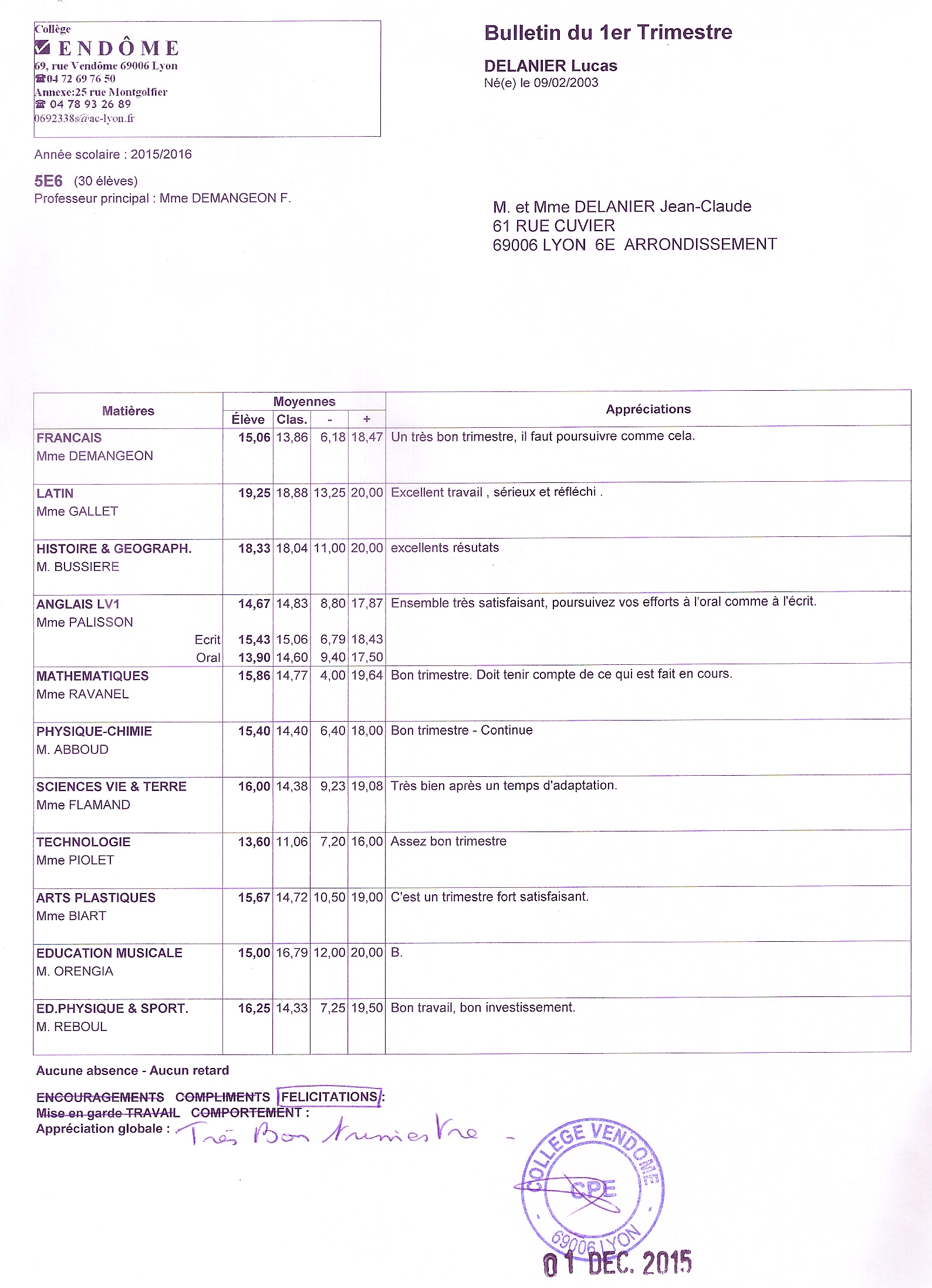 Bulletin Lucas 1T 5ème