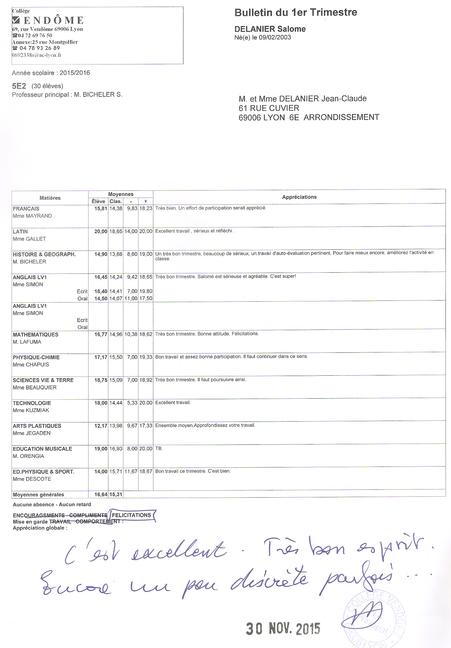 Bulletin Salomé 1T 5ème